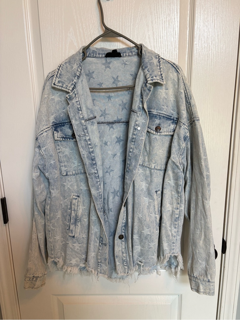 Light Blue Star-Print Denim Jacket - Oversized Jean Jacket